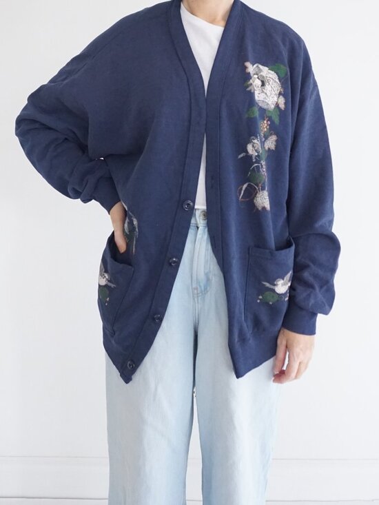 Sweaters - Vintage Jerzees Navy Bird Floral Embroidered Cottagecore Button Cardigan OSFM